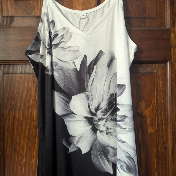 Black & White Floral Midi Slip Dress with Spaghetti Straps - Picture 2 of 3